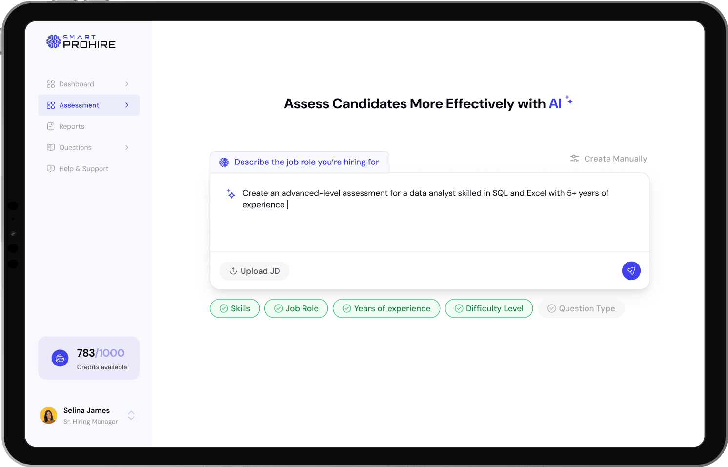 SmartProHire AI assessment creation panel with role configuration